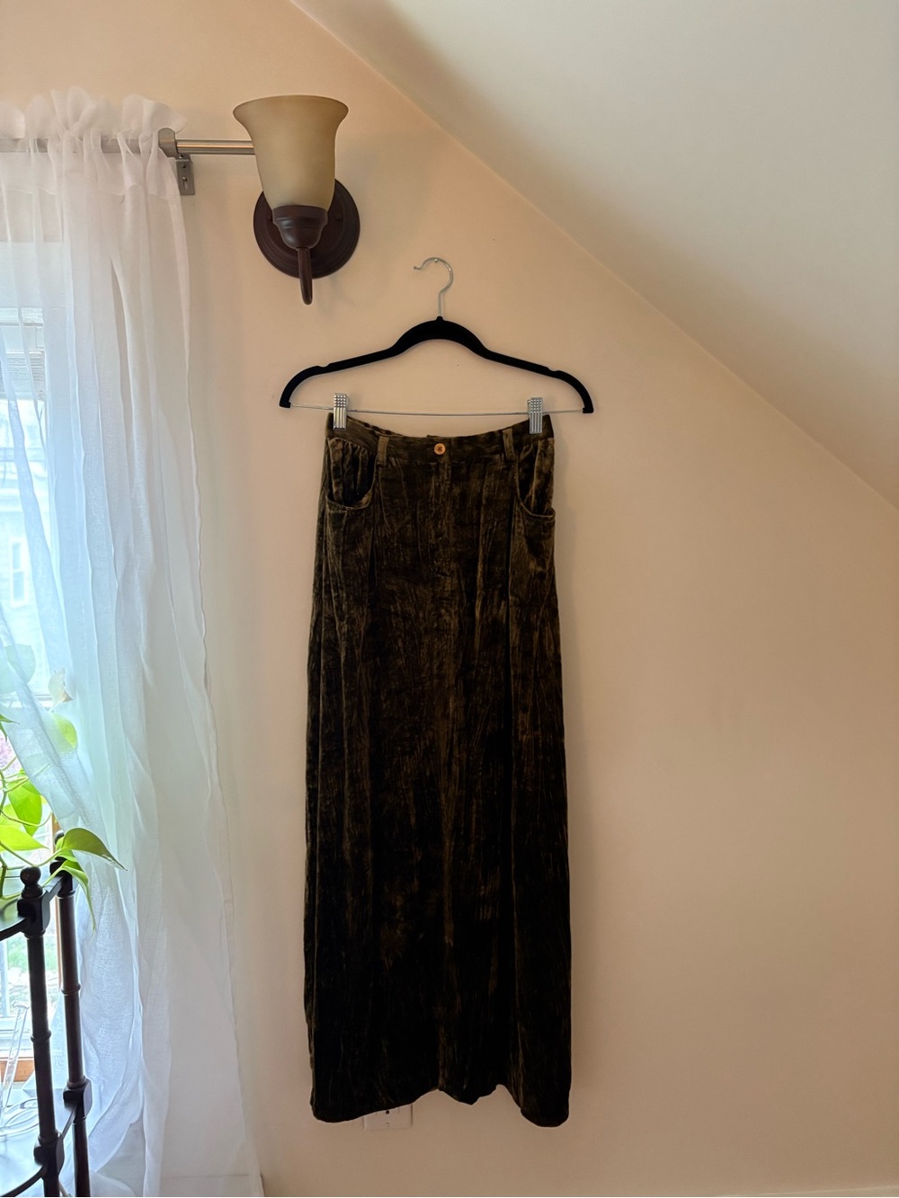 Amazing Vintage Crushed Velvet Maxi Skirt in Olive Green